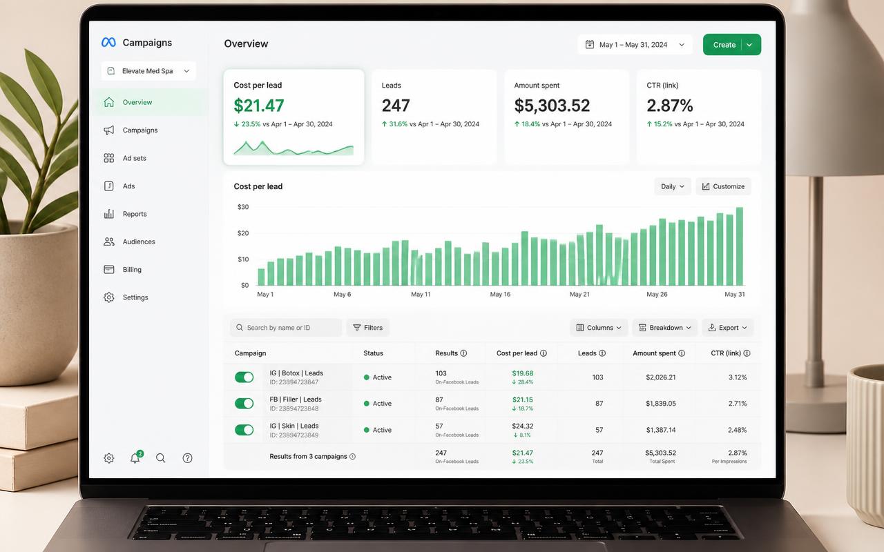 Meta Ads Manager dashboard showing lower cost per lead and rising results